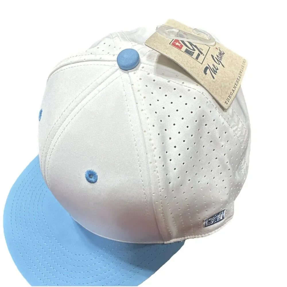 The Game Baseball Cap White Blue Mesh Back Stretch Fit Hat One Size NWT